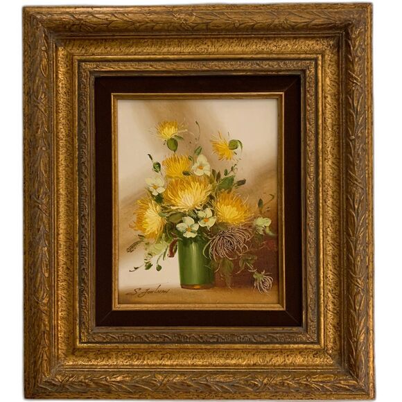 VTG Framed Floral Oil Painting Signed Chunky Wood Frame Velvet Lined‎ 16 x 18 - Picture 1 of 13